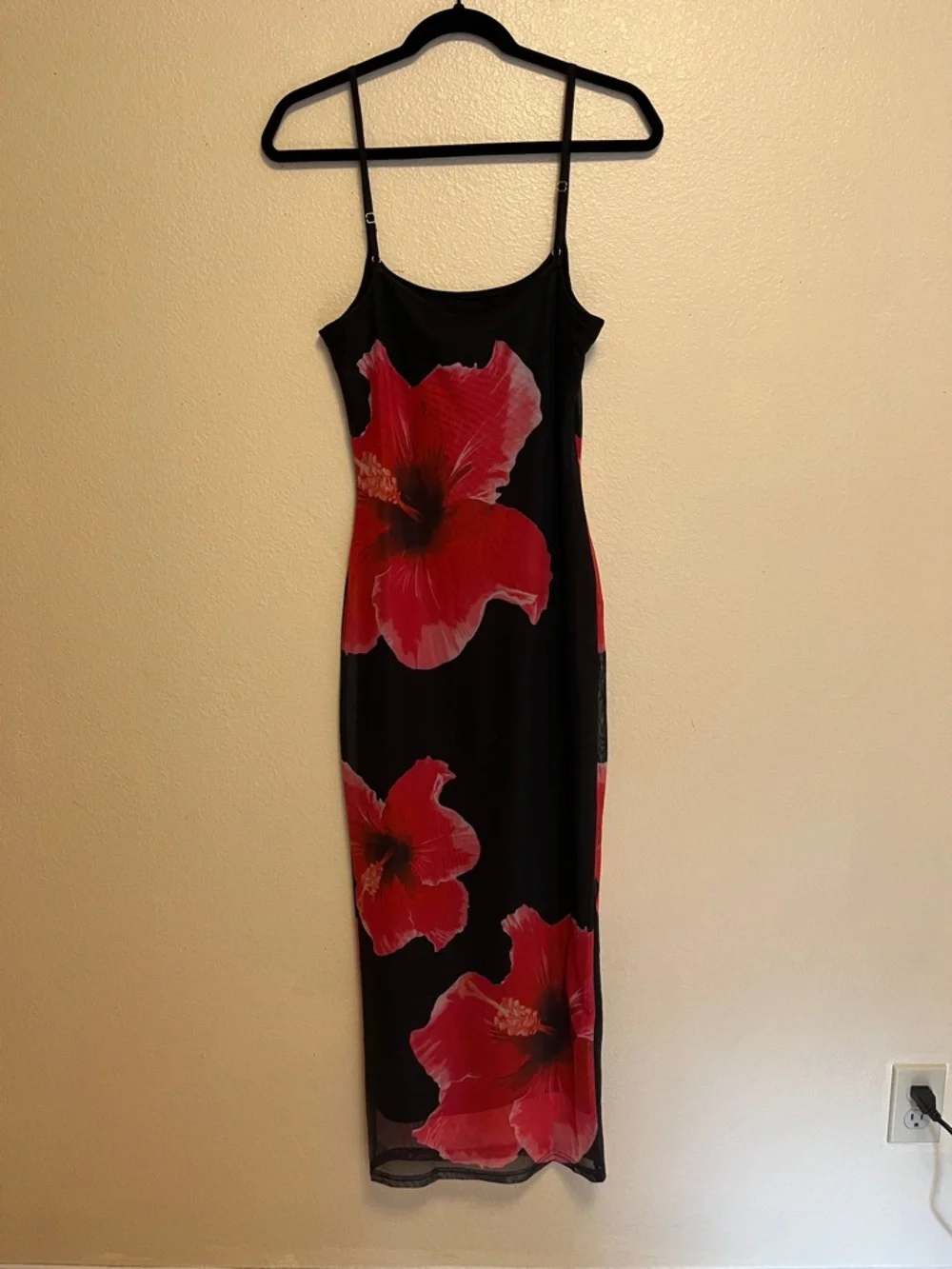 Black Maxi Slip Dress with Bold Red Hibiscus Print - Picture 2 of 4